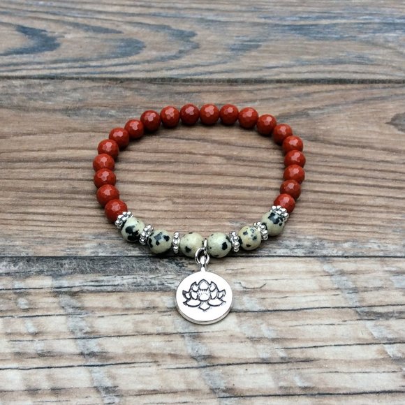 Red Jasper bracelet with Lotus charm, Dalmatian Jasper, crystal healing - Picture 2 of 9